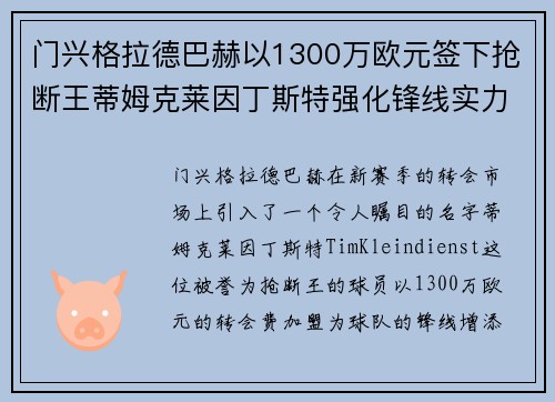 门兴格拉德巴赫以1300万欧元签下抢断王蒂姆克莱因丁斯特强化锋线实力